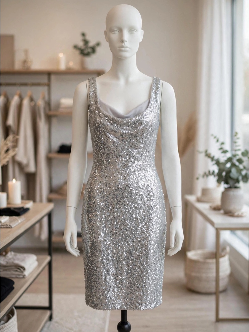Bisou Bisou Silver Sequin Cowl Mini Dress